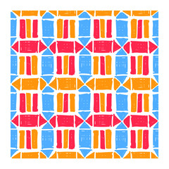 Abstract seamless pattern of blue, pink, orange triangle and rectangles drawn by hand.