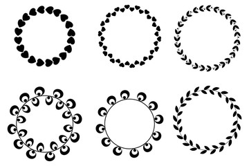 Floral linear leaf wreaths. Vector circular ornament. Wreaths are black and white. Lines of flowers.