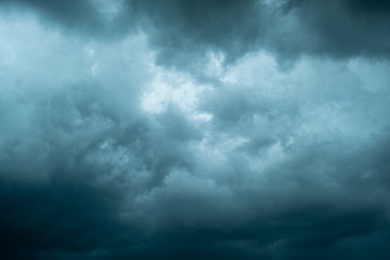 Dark cloudy sky before thunderstorm panoramic background. Storm heaven panorama. Wide gloomy backdrop