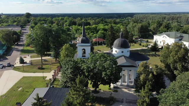 Aerial view of Baturyn castle with the Seim river in Chernigov region of Ukraine, Europe. Ancient wooden fortress. Wooden castle