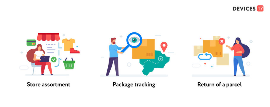 people and parcels set of icons, illustration. Smartphones tablets user interface online shopping. Flat illustration Icons infographics. Landing page site print poster.