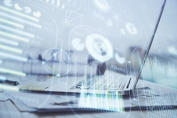 Double exposure of computer and technology theme hologram. Concept of freelance work.