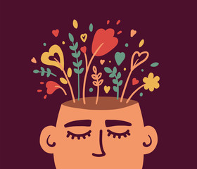 Mental health, psychology vector concept. Human head with flowers inside. Positive thinking, self care, healthy slow life. Wellbeing, wellness mind. Acceptance, blooming brain abstract illustration 