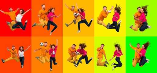 Collage of portraits of 2 young jumping people, couple on multicolored background in motion and action. Concept of human emotions, facial expression, sales. Smiling, cheerful, happy. Using devices