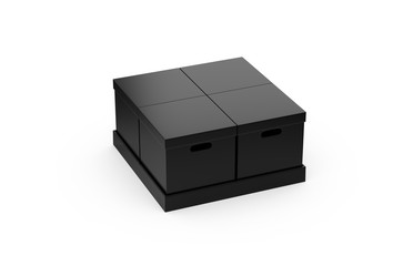 Four black cardboard boxes on paper palette, mockup template on isolated white background, 3d illustration