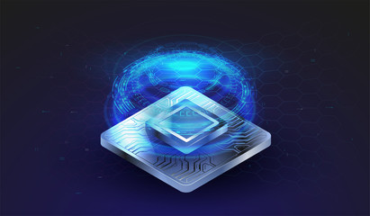 Microchip processor with lights effects. cybernetic system, futuristic computing technology. Analysis and scanning of the chip. CPU - big database, processing, rapid analysing. Hud interface.