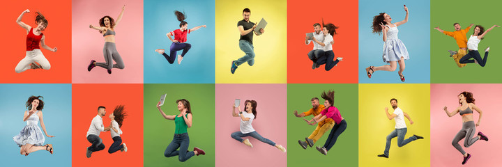Collage of portraits of 8 young jumping people on multicolored background in motion and action....