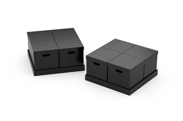 Four black cardboard boxes on paper palette, mockup template on isolated white background, 3d illustration