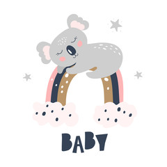 Card with cute koala on the rainbow on a white ackground. Kids print. Vector