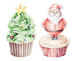 Watercolor Christmas cake. Cupcakes with santa claus and christmas tree