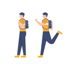 illustration of a male student walking and running while carrying a bag. flat design. can be used for elements, landing pages, UI, websites.