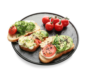 Plate with tasty sandwiches on white background