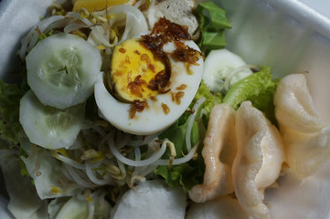 Gado-gado (Indonesian) is traditional indonesian food. rice cake, egg and vegetable with peanut sauce. Selective Focus.     