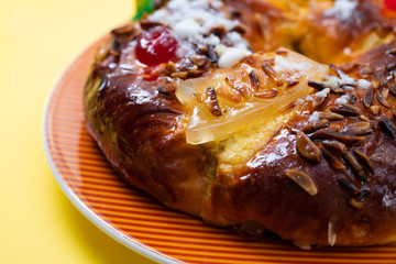 typical Christmas cake Bolo rei on plate