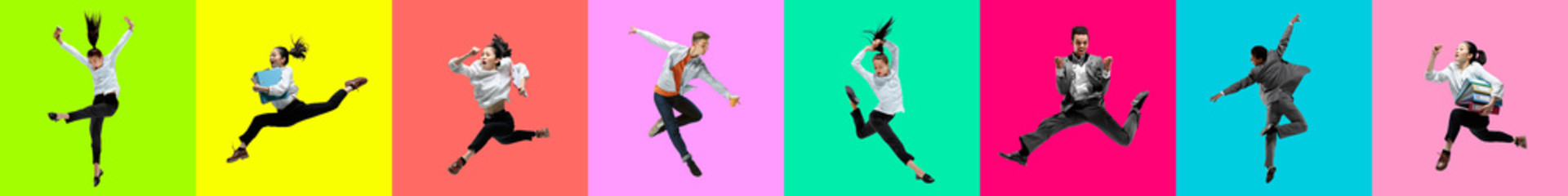 Fototapeta na wymiar Collage of portraits of 4 young jumping people on multicolored background in motion and action. Concept of human emotions, facial expression, sales. Smiling, cheerful, happy. Ballet dancers in office