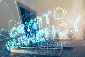 Multi exposure of blockchain theme hologram and table with computer background. Concept of bitcoin crypto currency.