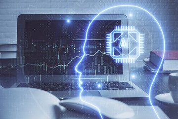 Multi exposure of work table with computer and brain hologram. Brainstorm concept.