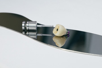 Monolithic screw retained zirconium crown on the implant, a screw and a manual key for screwing the...