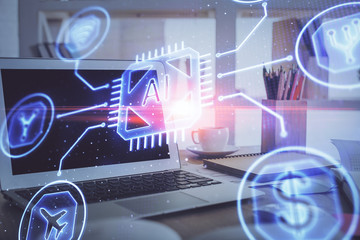 Multi exposure of computer on background and technology theme drawing. Concept of innovation.