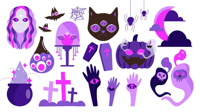 Cute and funny Halloween vector set. Quirky fun cartoon characters of children. Pumpkin, ghost, cat, bat, candy, jar and more. Isolated icons and holiday symbols for for invitations and packaging.