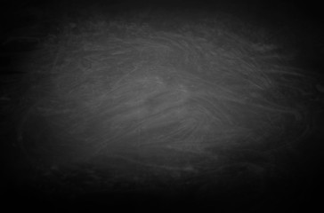 Chalkboard or black board texture abstract background with grunge dirt white chalk rubbed out on blank black billboard wall