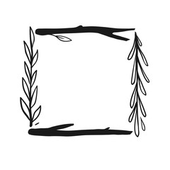 Rustic natural square frame with sticks, leaves and branches isolated on white. 