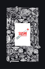 Sketch of Japanese and Chinese cuisine, rolls, sushi, colorful banners. Design templates with hand-drawn sushi, rolls, Chinese food, Japanese food. A linear pattern. High detail.