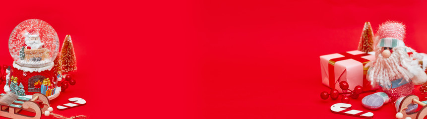 Banner, Christmas composition, gifts on red background, copy space