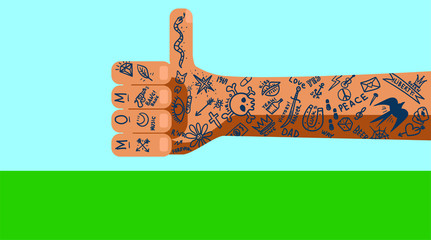 A primitive leg drawn with many simple yet trendy tattoos on a variety of themes throughout the area