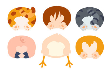 Cute animal butt set. Vector illustration of adorable cartoon animals back with pig, corgi, chicken and kittens.
