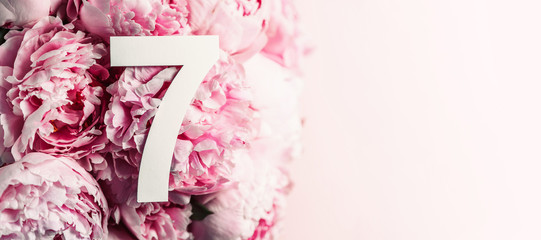 Creative layout. Pink peony flowers and digit seven 7. Birthday greeting card. Anniversary concept. Top view. Copy space. Stylish white numeral over flowers background. Numerical digit.
