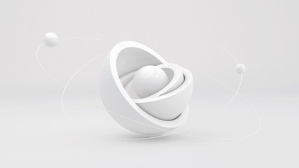 White hemispheres and ball. Monochrome abstract illustration, 3d render.
