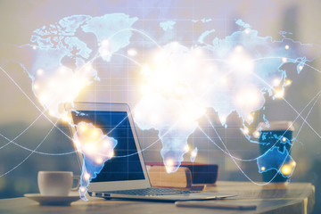 Multi exposure of business theme icons and table with computer background. Concept of success.