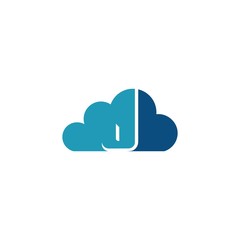 Cloud with letter J logo, icon flat and vector design template. The cloud logotype with text.