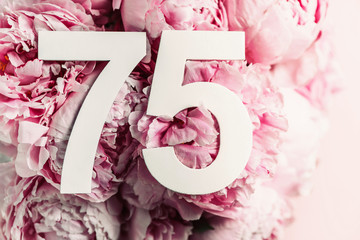 Peony flowers, digit seventy-five. Birthday greeting card with inscription 75. Anniversary concept. Top view. White numeral on flower background. Numerical digit, Celebration event, template, flyer