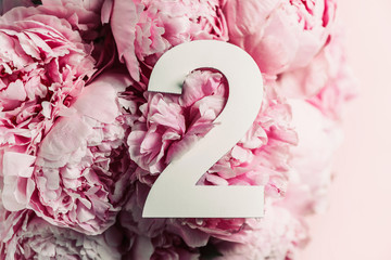 Creative layout. Pink peony flowers and digit two 2. Birthday greeting card. Anniversary concept. Top view. Copy space. Stylish white numeral over flowers background. Numerical digit.