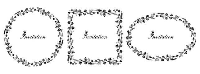 Frames graphic set decorated flowers, black and white