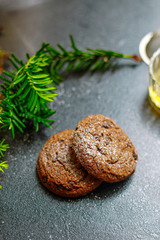 Christmas cookies with chocolate in powdered sugar coniferous branch on the table