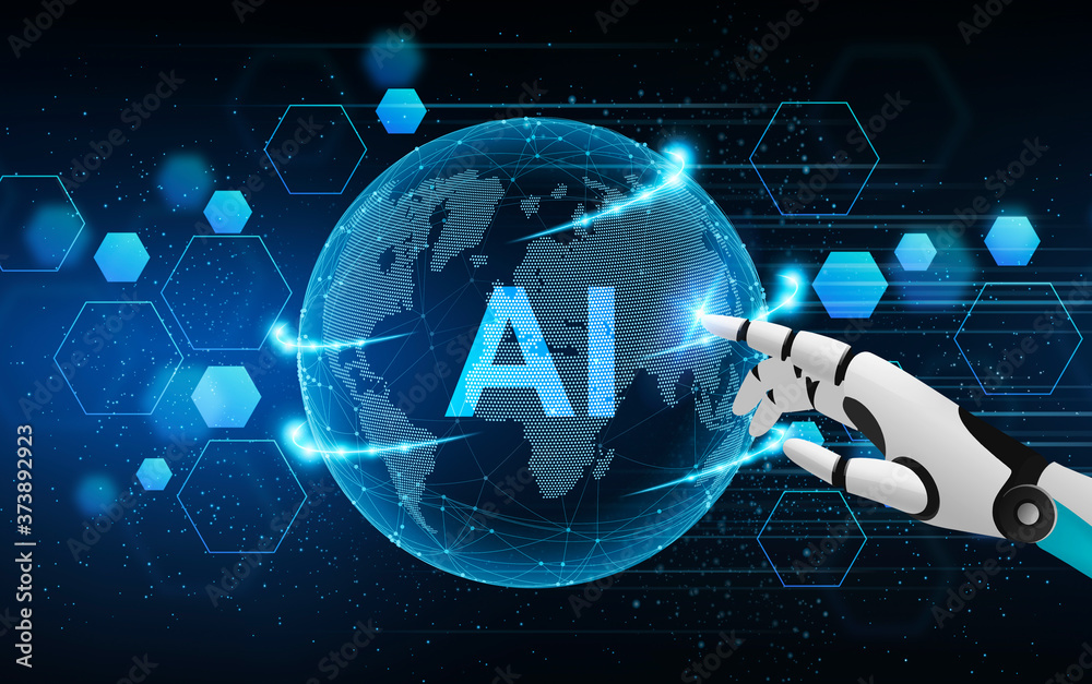Poster AI Concept. Futuristic robot hand touching digital world globe map, 3D rendering