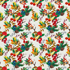 Obraz premium Autumn watercolor hand drawn seamless pattern with leaves mushrooms and pine cones
