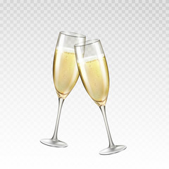 Champagne or golden wine glasses isolated on transparent background. Vector greating Happy New Year alcohol toast wineglass. 3d festive wedding event elements with drink
