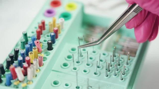 Closeup of different dentist drills in a box. The female hands in gloves are choosing the drill.High quality photo