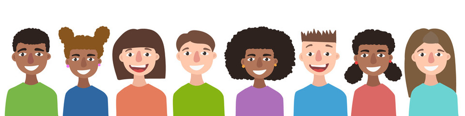 Back to school. multinational group of smiling children isolated. Kids dressed in colored t-short standing together on horizontal banner. Society kid. Flat stock vector illustration. group of pupil