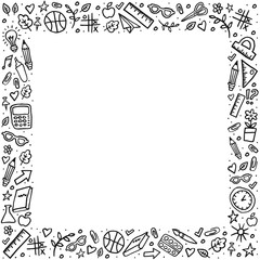 Frame with hand-drawn chemistry elements. Template frame on black background. Vector line illustration. Back to school.