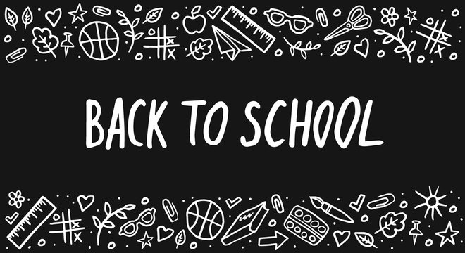 Back to school Vector Lettering and hand-drawn chemistry elements. Template frame on black background. Vector chalck illustration