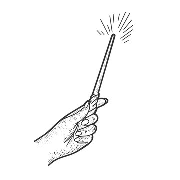Magic wand in hand sketch engraving vector illustration. T-shirt apparel print design. Scratch board imitation. Black and white hand drawn image.