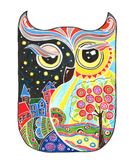 Illustration with owl. Owl day night.Gouache painting. Abstract illustration. Hand drawing.
