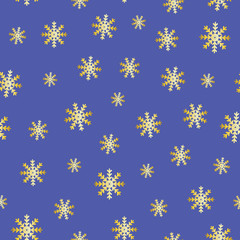 Snowflakes with golden colour. Seamless vector repeat pattern. Great for holidays, christmas, home decor, wrapping, fashion, scrapbooking, wallpaper, gift, kids, apparel.