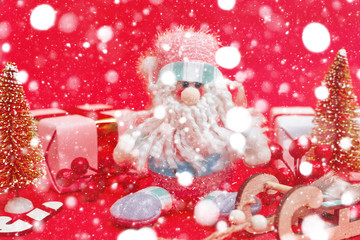 Christmas composition, gifts on red background, copy space