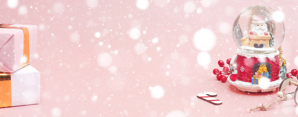 Banner, Christmas composition, gifts on pastel pink background, copy space